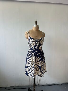 Akiko Navy and Cream Abstract Tie-Front Silk Mini Dress
